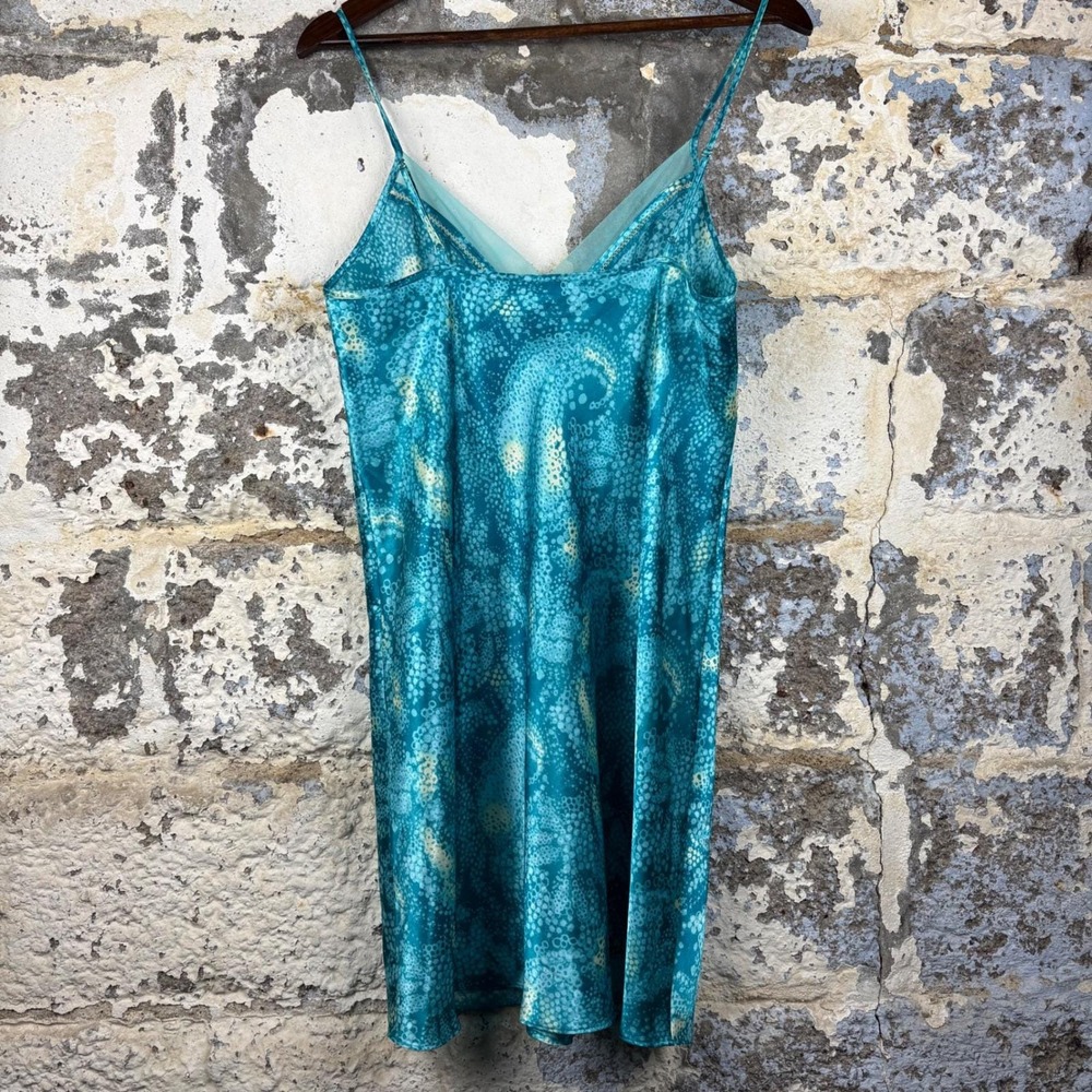 Y2K Valerie Stevens Teal Abstract Paisley Satin Chemise BabyDoll Dress Medium - Picture 3 of 7